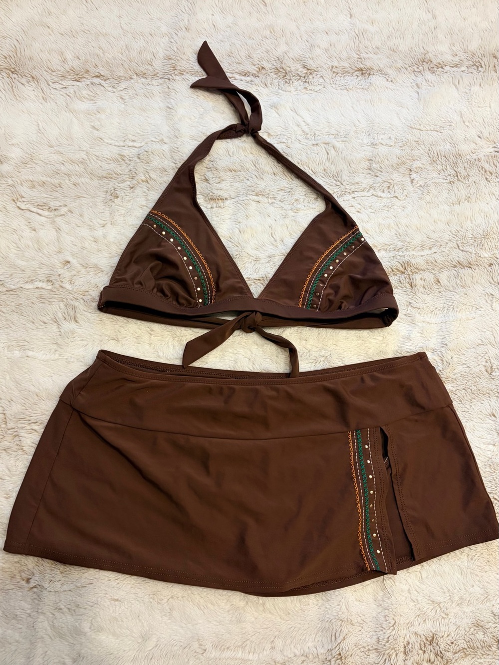 🤎 Vintage Y2K VM Sport Brown Bikini & Micro Mini Swim Skirt 90s Boho Euro Summer